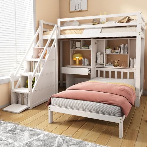 Merax Kids 3FT Loft Bed Frame Children's High Sleeper Double Bed with Desk multifunctional Bed with Storage, Shelves & Stairs, Solid Pine Wood Frame, for Children Girls and Boys, White (2 * 90x190cm) thumbnail 3
