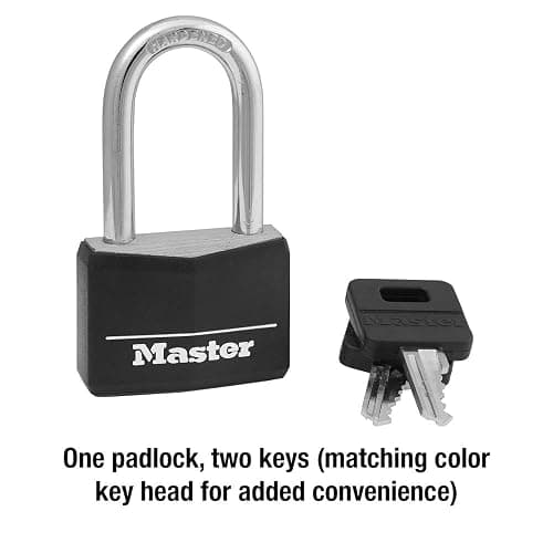 Master Lock Keyed Outdoor Long Shackle Aluminum Padlock, Tool Lock 141DLF | Weather-Resistant Solid Lock With Key, Long Shackle Lock For Gates, Fences, Toolboxes Black Covered Aluminum Lock thumbnail 5