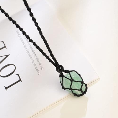Anjiucc Natural Gemstone Crystal Pendant Necklace Stone Holder Necklace Cord Hand-Woven Necklace with Adjustable Length for Women Men - A-Green Fluorite thumbnail 4