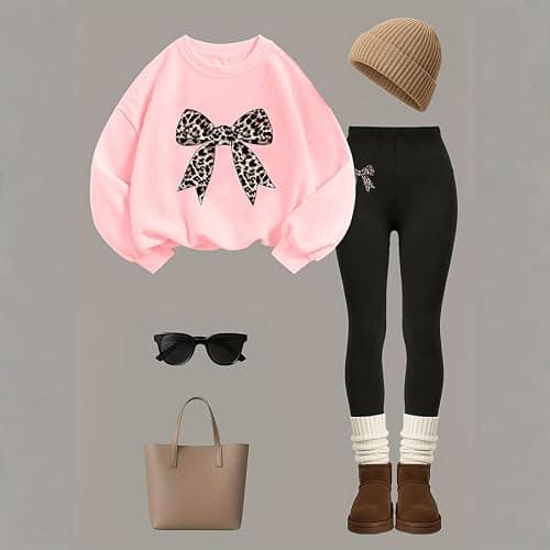 xueteox Girls Long Sleeve Sweatshirt 2 Piece, Bow Graphic Top and Pants Spring Fall Fashion Casual Clothes. - Image 1