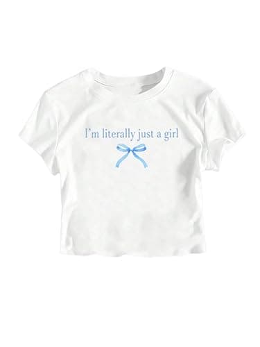 QJQ Girl's Bow Letter Graphic T Shirts Short Sleeve Crewneck Crop Tops Tees Summer Trendy Preppy Cute Clothes - Image 1