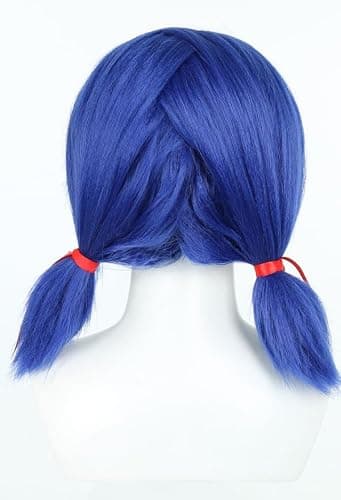 Micotaku Miraculous Ladybug Officially Licensed Blue Wig Short Pigtail Anime Halloween Cosplay Wig with Red Ribbon thumbnail 4