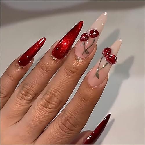 Gleamrain Red Press on Nails Long Stiletto Glue on Nails Almond Shape with 3d Cherry and Cat eye Design for Women and Girls for Christmas Parties Dances or Daily Use 24pcs thumbnail 2