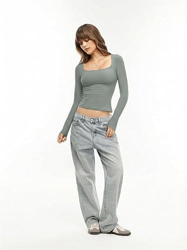 Danysu Double Lined Long Sleeve Tops with Built in Bra for Women Square Neck Basic Slim Crop Fall T-Shirts thumbnail 4