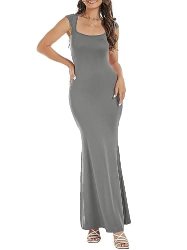 Womens Summer Cap Sleeve Square Neck Elegant Casual Lounge Bodycon Slim Maxi Evening Party Long Dress thumbnail 2