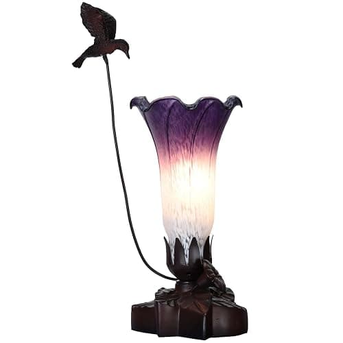 Bieye LL102 Hummingbird Flying Over Lily Flower Blown Glass Table Lamp for Home Decor (White Indigo, 4.25Wx12H) - Image 1