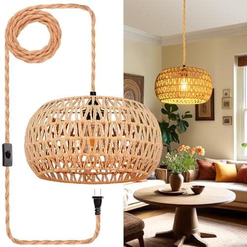 Eqquorva Hanging Lights with Plug in Cord Rattan Hanging Lamp Boho Ceiling Light Fixtures Farmhouse Pendant Lamp Shape for Living Room Bedroom Kitchen - Image 1