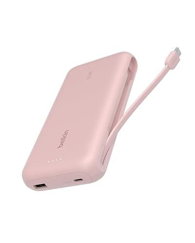 Belkin Portable Charger, Power Bank with Integrated Cable 20000 mAh 30W - Fast Charging USB C Power Delivery - iPhone 17, Air, Pro, Pro Max, iPad, AirPods, Apple Watch, Galaxy S25, & More - Pink - Image 1