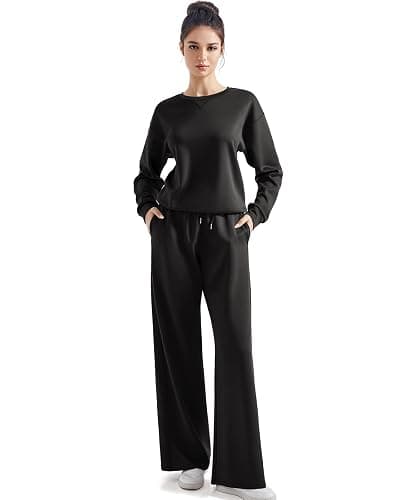 SUUKSESS Women Modal 2 piece outfits Oversized Sweatshirt Wide Leg Pants | Long Sleeve Crewneck Pullover Tops Sweatpants Sweatsuits Casual Lounge Set - Image 1