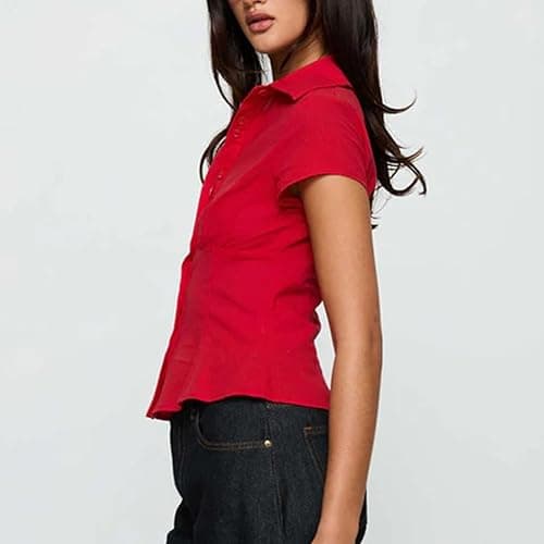 Women Y2k Short Sleeve Button Up Shirt Lapel Collar V Neck Plaid Open Front Blouse Basic Casual Going Out T-Shirt thumbnail 6