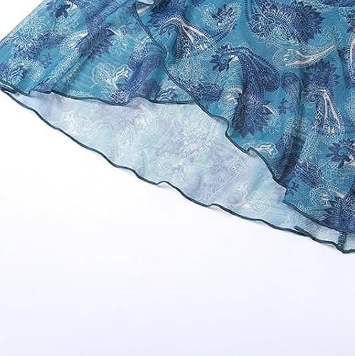Women's Retro Printed Halter Top,Mesh Pleated Strappy Neck,Stylish Sleeveless Slim Top Base Layer thumbnail 4