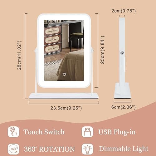 YEKKOPT Small Desk Mirror with Lights, Lighted Makeup Mirror with Light, Portable Tabletop Make Up Mirror for Desk, Vanity Mirror with Lights,Smart Touch Control, Dual Power Supply, 360°Rotation - White - 11.3"L x 9.5"W thumbnail 2