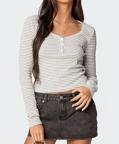 Women Striped Long Sleeve Shirt V Neck Button Up Casual Basic Y2K Slim Fitted Crop Tops thumbnail 4