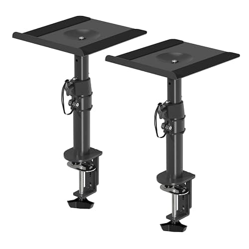 suptek Clamp-on Speaker Stand Desk Mount Set, Height Adjustment, Tilt, Swivel, 9.6 x 8.8 inch Trays, Universal Audio Holders for Computer and Bookshelf Speakers, Elevated Sound, 2 Pack, Black, SDM001B - Image 1