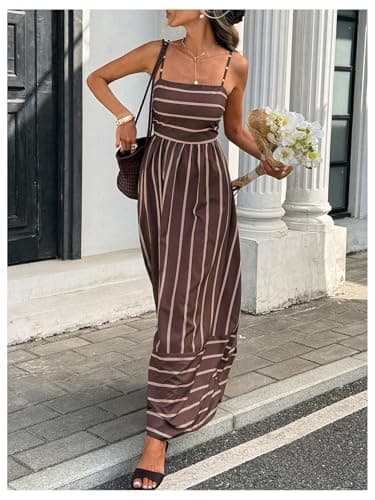 Milumia Women's Striped Spaghetti Strap Dress Smocked Open Back Flowy Long Vacation Dresses Brown Small thumbnail 2