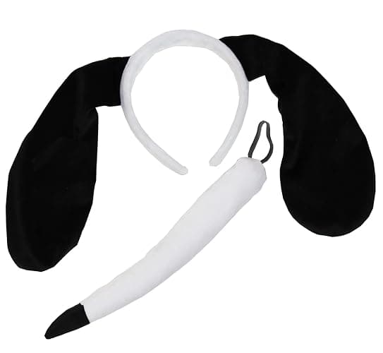 Black and White Dog Ears Headband and Tail Dog Ears and Tail Costume Set | Black and White Puppy Dog Costume Ears and Tail for Adults - One Size - Image 1