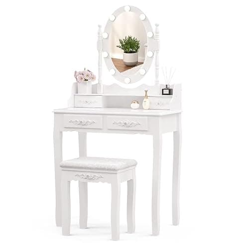 Alohappy Girls Makeup Vanity Set, Dressing Table Desk with Lighted Mirror and Stool, Makeup Table with 4 Drawers for Bedroom, Bathroom (Vanity with Lighted Mirror) - Image 1