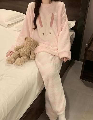 Vhitler Kawaii Cutecore Fuzzy Pajamas Fleece Set Lounge Fluffy Pj Sets Cute Sherpa Long Sleeve Top Pants Mathing Pajamas thumbnail 3