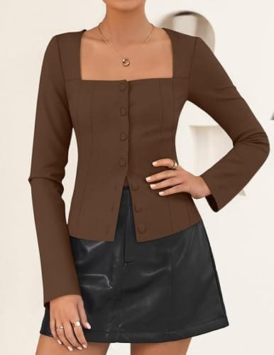 ZESICA Women's Fall Square Neck Blazers 2025 Casual Long Sleeve Button Up Work Business Fitted Blazer Jackets thumbnail 2