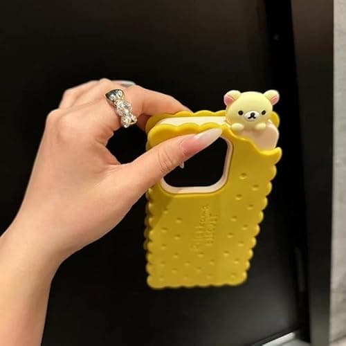 Soft Silicone Case for Apple 3D Cartoon Biscuit Sugar Sandwich Cookie Soda Cracker Snack Food Japanese Teddy Bear Animal Cute Lovely Adorable Kawaii Kids Girls (Yellow, for iPhone 14) thumbnail 4