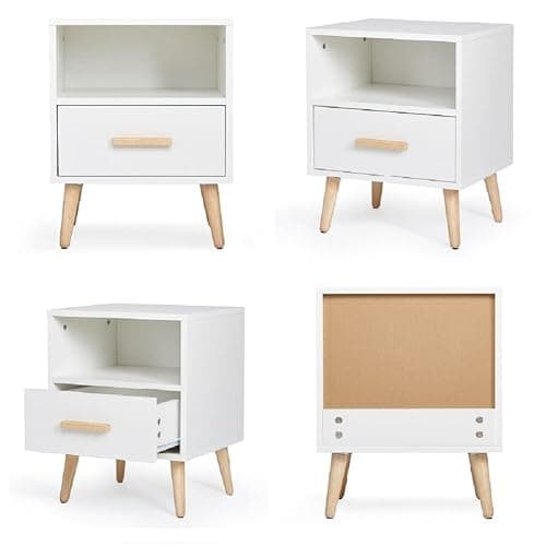 Mondeer Nachttisch, Nachtschrank mit 1 Schublade und 1 Offenem Fach, Holz Modern Nachtkommode mit Massivholzfüßen, Beistelltisch für Schlafzimmer Wohnzimmer, 40 x 35 x 51cm, Weiß thumbnail 5