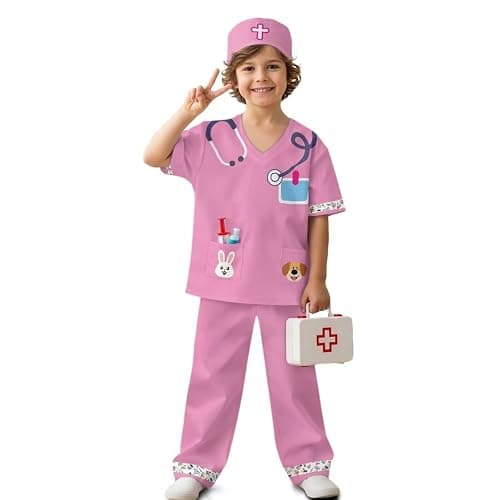 Hwiplsvny Doctor Costume for Kids Girls Boys Dress Up Scrubs with Cap Surgeon Role Play Outfit thumbnail 2