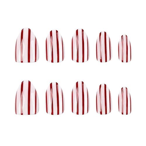 Cuteworld Short Almond Press on Nails - Stripe Pink & Red | Stripe Design, Glossy Full Cover Fake Nails 24Pcs for Women thumbnail 3