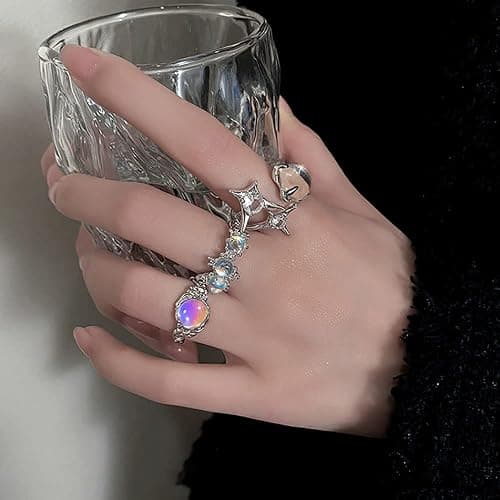 KURTCB Y2k Rings Set Carnelian Rings Irregular Agate Opal Moonstone Bud Flower Star Finger Rings Opening Adjustable Rings for Women thumbnail 3