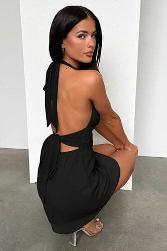 GOKATOSAU Women's Halter Deep V Neck Flowy Chiffon Bow Tie Backless Summer Mini Dress thumbnail 5
