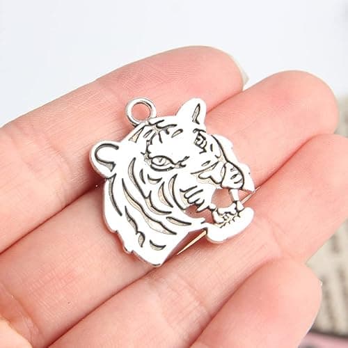 Opexicos 100Pcs Tiger Face Charms Tiger Pendants Antiqued Silver Tone Double Sided Making DIY Handmade Accessories Craft 27 x 24 mm thumbnail 2