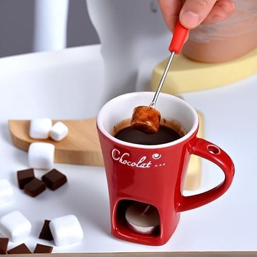 CREHNIL Chocolate Melting Mug Cheese Candy Mini Fondue Pot With Forks (Red) thumbnail 9