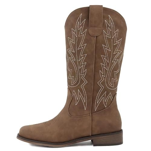 FancyQueen Western Cowboy Boots for Women - Mid Calf Square Toe Cowgirl Boots with Vintage Embroidery, Low Chunky Heel Pull On Country Boots for Rodeo Festival Concert Daily Outfits thumbnail 4