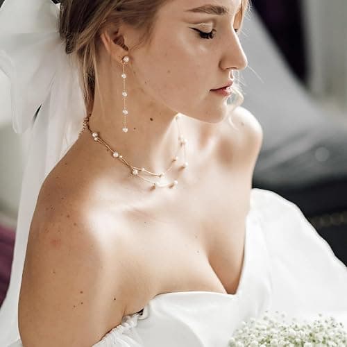 Trinckle Pearl Earrings for Women, Gold Pearl Drop Floral Earrings for Grils Boho Silver Dangle Earring, White Bridal Dangling Earings for Wedding Graduation, Bow Prom Jewelry Bridesmaid Accessories thumbnail 2