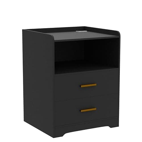 dnbss Black LED Nightstand with Charging Station, Modern Night Stands with 24-Color RGB LED Lights, Smart Lighted Black Bedside Table with 2 Drawers for Bedroom thumbnail 5