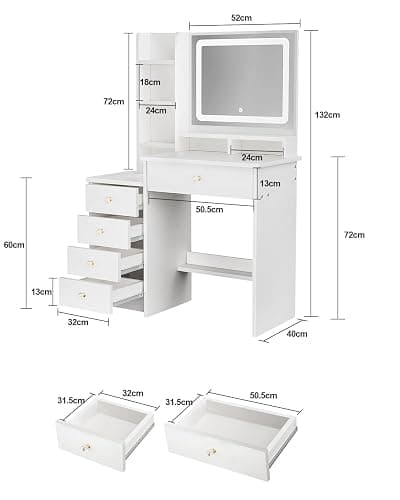 Vanity Desk, Makeup Table with Mirror and Lights, 90cm White Dressing Table, Five Drawers thumbnail 3