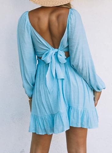 Dokotoo Womens Dress Long Lantern Sleeve Square Neck Tie Backless Sexy Dress Ruffle Elastic Waist A-Line Mini Dress thumbnail 6