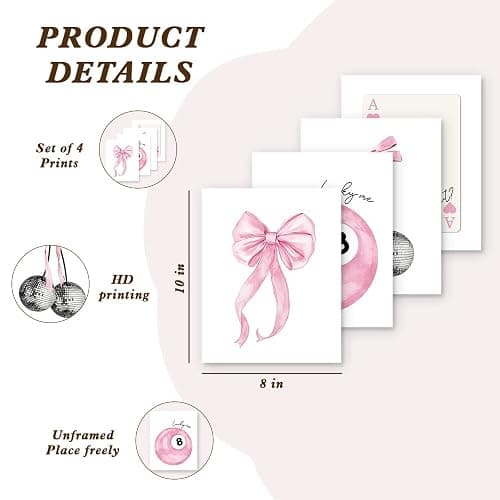 BONETAT 4Pcs Trendy Preppy Posters Pink Bow Wall Art Room Decor Prints 8X10 inches Unframed, Blush Pink Coquette Room Aesthetic Disco 8 Ball wall decor for teen girls Dorm College Apartment Bedroom -Aa02 thumbnail 2
