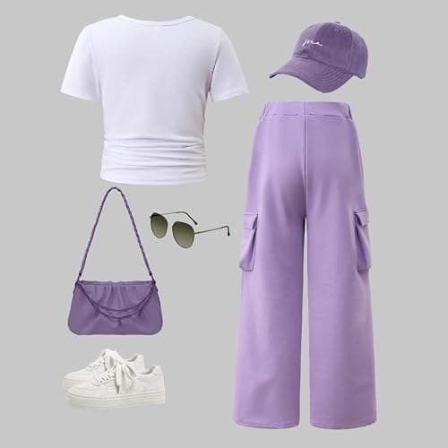 Zylvae Girls 2 Piece Clothes Cute Bow Decoration T-Shirt Top + Cargo Pants Teen Girl 2pcs Outfit Set, Size 8-13 Years thumbnail 6