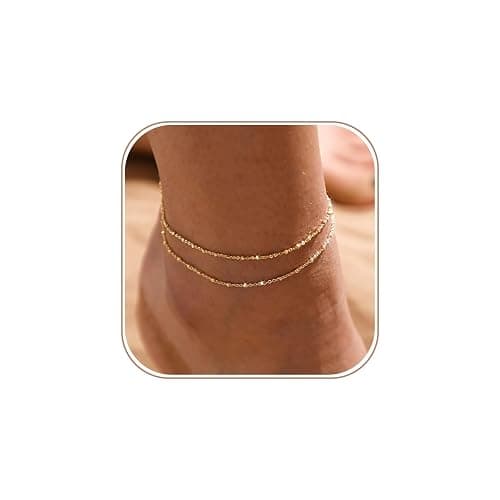 MIDEEO Gold/Silver Ankle Bracelets for Women,14K Gold Anklets for Women Waterproof Cuban Link Heart Beads Herringbone Rhinestone Anklets Set Layered Anklet Bracelets for Women Gold Jewelry Gift - Image 1