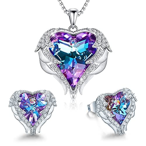 CDE Jewelry Set for Women, Angle Wing Heart Pendant Necklaces and Earrings with Birthstone， Birthday/Anniversary Christmas Jewelry Gifts for Women Mom/Wife/Sister/Best Friend - Image 1