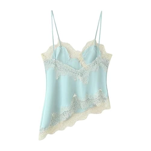 Women Lace Trim Satin Tank Top Halter Neck Silk Camisole Tops Patchwork Backless Spaghetti Strap Cami Shirts thumbnail 4