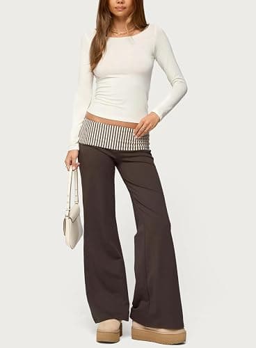 Women Y2k Foldover Pants Wide Leg Flare Sweatpants Low Rise Lounge Bottoms | Fold over Color Block Leggings, Cute Straight Leg Yoga Pj Pants thumbnail 2