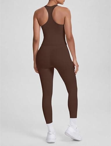 2 Piece Workout Sets for Women Racerback Tank High Waisted Pocket Leggings No Front Seam Tummy Control Butt Lifting thumbnail 4