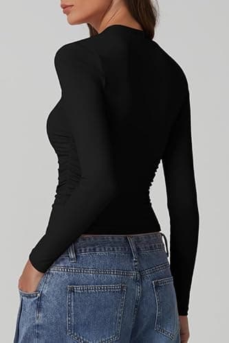 QINSEN Long Sleeve Square Neck Tops for Women Double Lined Side Ruching Going Out Shirts Basic Tee thumbnail 2