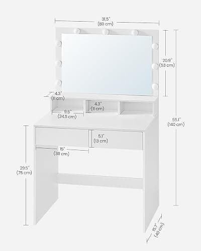 VASAGLE Vanity Desk with Mirror and Lights, Makeup Desk with Large Mirror, Adjustable Brightness, Vanity Table, 2 Drawers, 3 Compartments, Modern, Cloud White URDT185T14 thumbnail 3