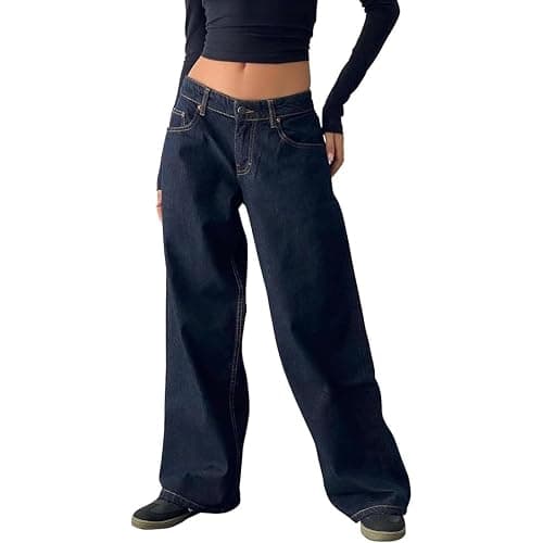 Sawmew Damen Y2K Low Rise Baggy Jeans Weites Bein Loose Fit Boyfriend Straight Leg Trendy Stretch Denim Hose Streetwear - Image 1