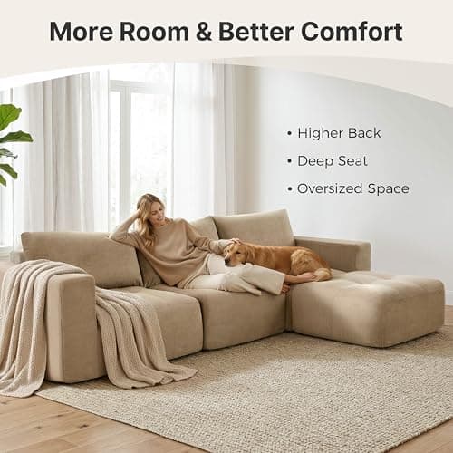 MCombo 121" Oversized Boneless Sofa with Ottoman, Extra Deep Cloud Couch Modular Sectional Sofa, Compressed Foam Couch for Living Room SS378 (Light Brown) thumbnail 4