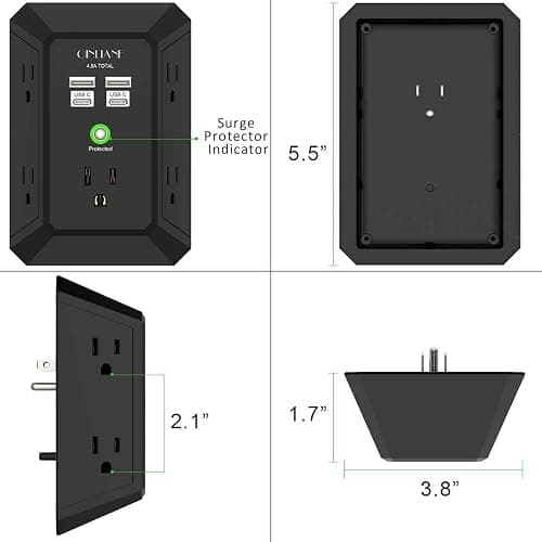 USB Wall Charger, Surge Protector, QINLIANF 5 Outlet Extender with 4 USB Charging Ports (4.8A Total) 3-Sided 1680J Power Strip Multi Plug Outlets Wall Adapter Spaced for Home Travel Office, Black thumbnail 7