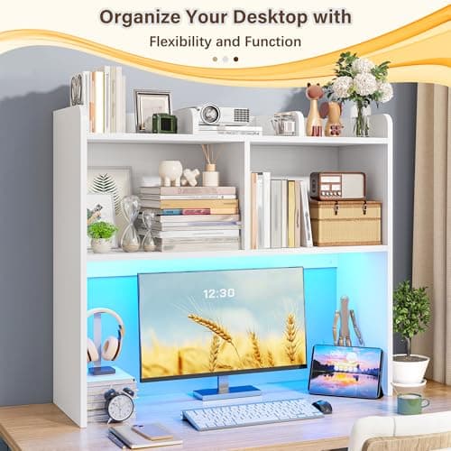 REIBII Desk Hutch Dorm for Computer Monitor Up to 27", Dorm Desk Hutch Top Only with RGB Light Strip, Wooden Desktop Bookshelf with 6 Shelves, 3-Tier Desktop Shelf for Home Office Dorm, White thumbnail 4