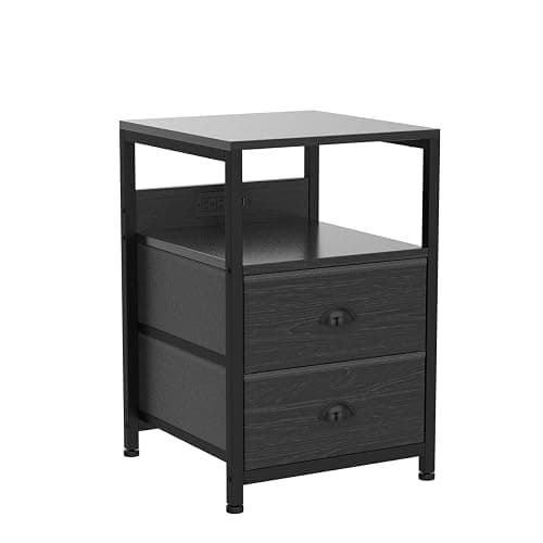 Furologee Nightstand Set of 2, Black Oak, with Charging Station and USB Ports, Side Tables with 2 Fabric Drawers, Bedside Tables with Storage Shelf & Hooks, for Living Room/Bedroom thumbnail 4